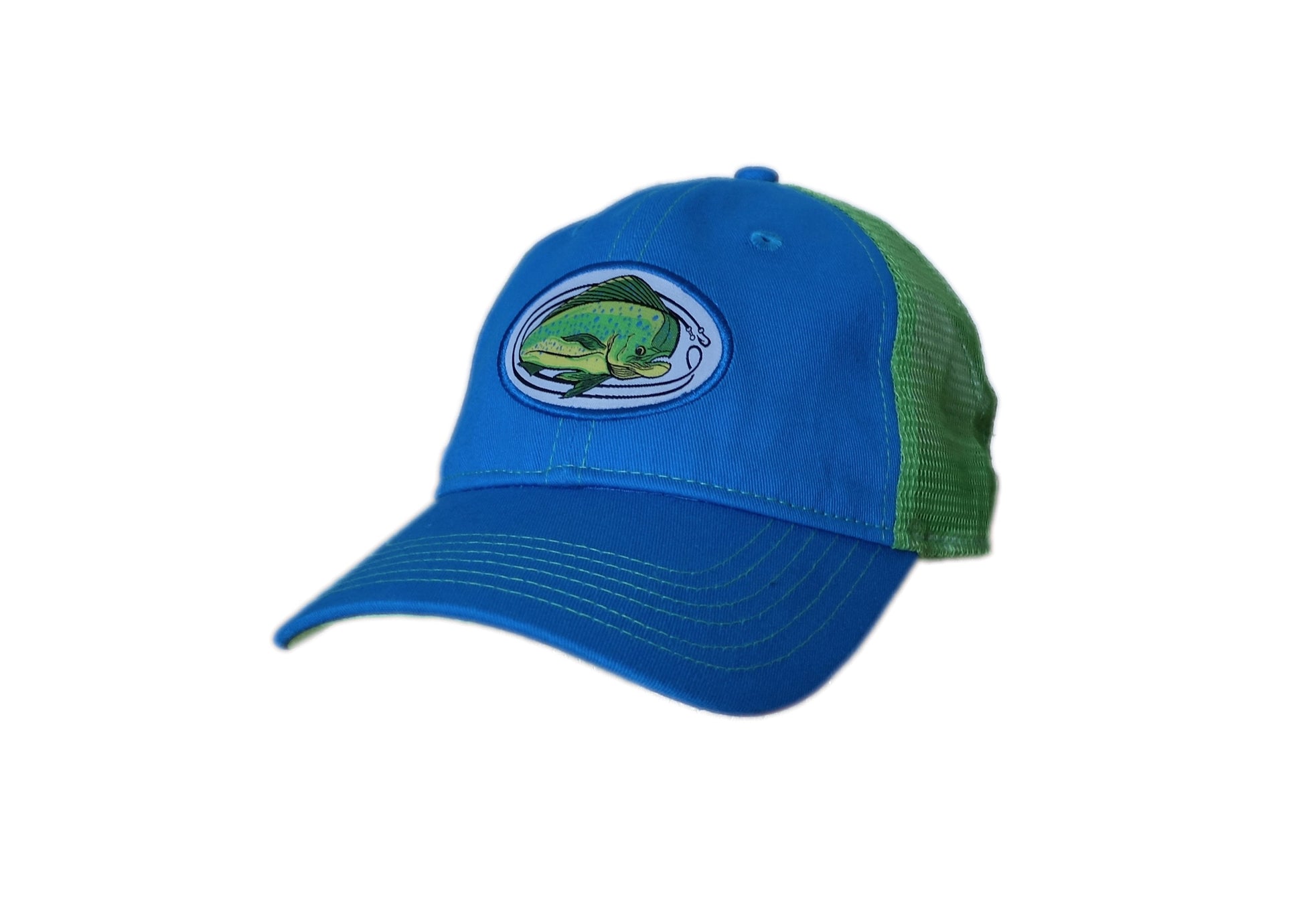bright blue and lime green unstructured trucker cap with oval-shaped woven mahi mahi fishing patch