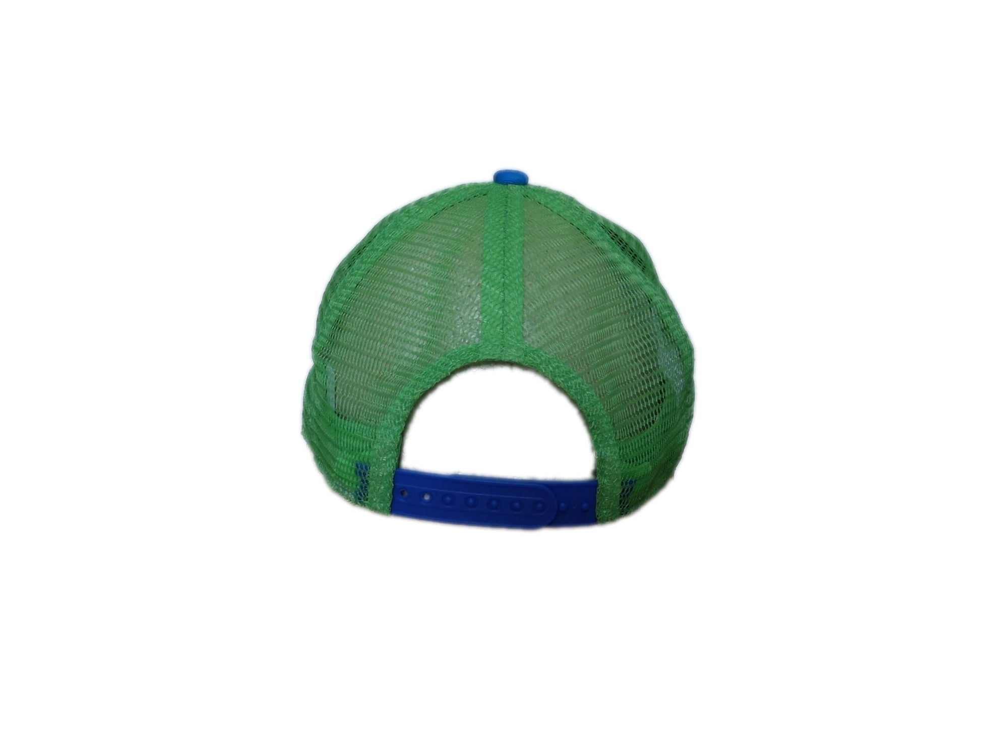 back side view of lime green and blue mahi mahi trucker cap