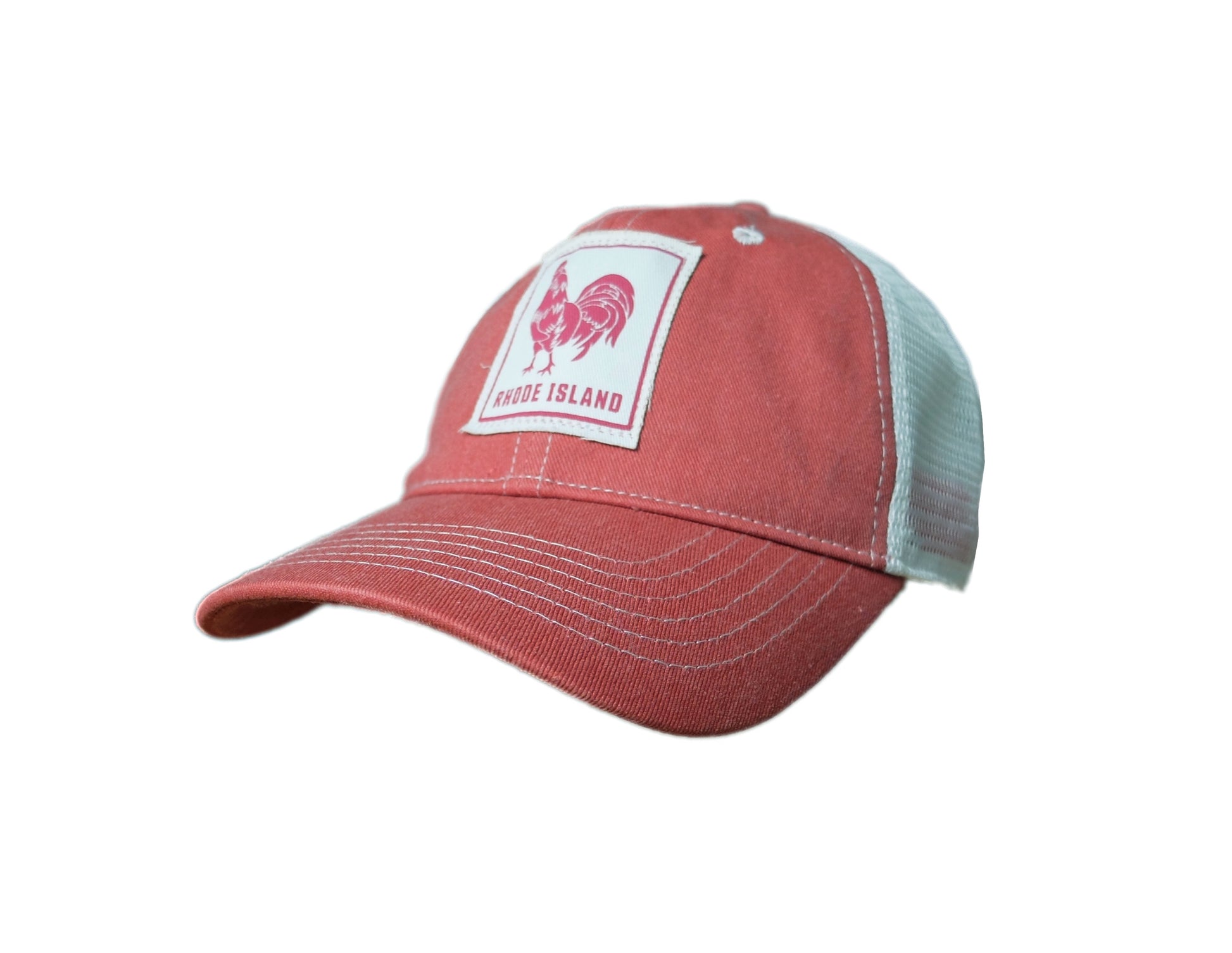 rusty red and ivory unstructured trucker cap with ivory patch showing Rhode Island Red chicken hen rooster