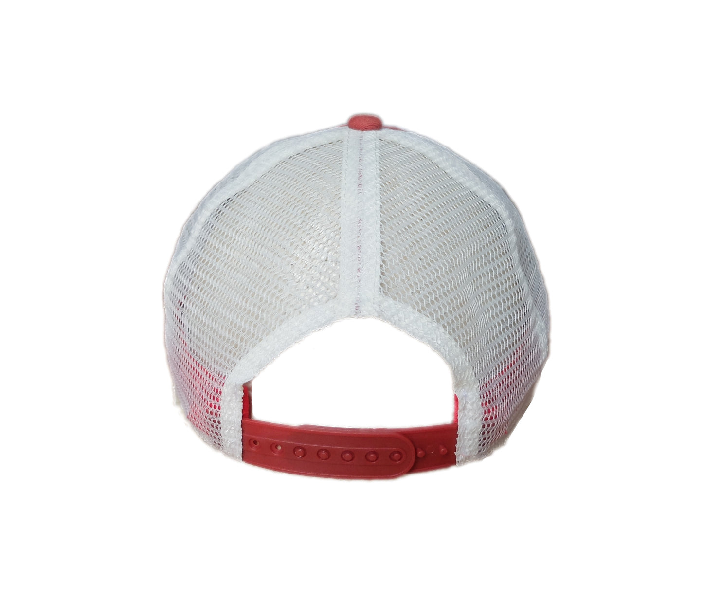 back view of rusty orange and ivory trucker hat with patch showing Rhode Island Red chicken