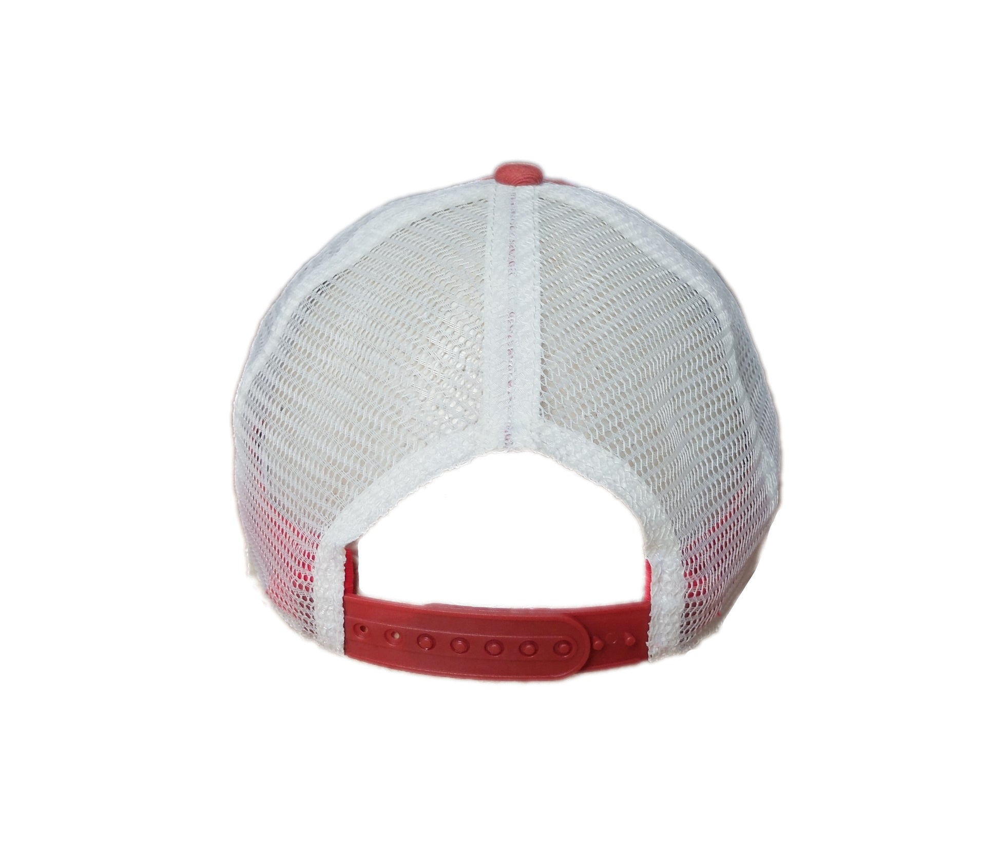 back view of rusty orange and ivory trucker hat with patch showing Rhode Island Red chicken