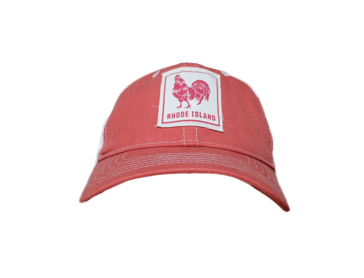 front view of rusty red and ivory unstructured trucker cap with ivory patch showing Rhode Island Red chicken hen rooster