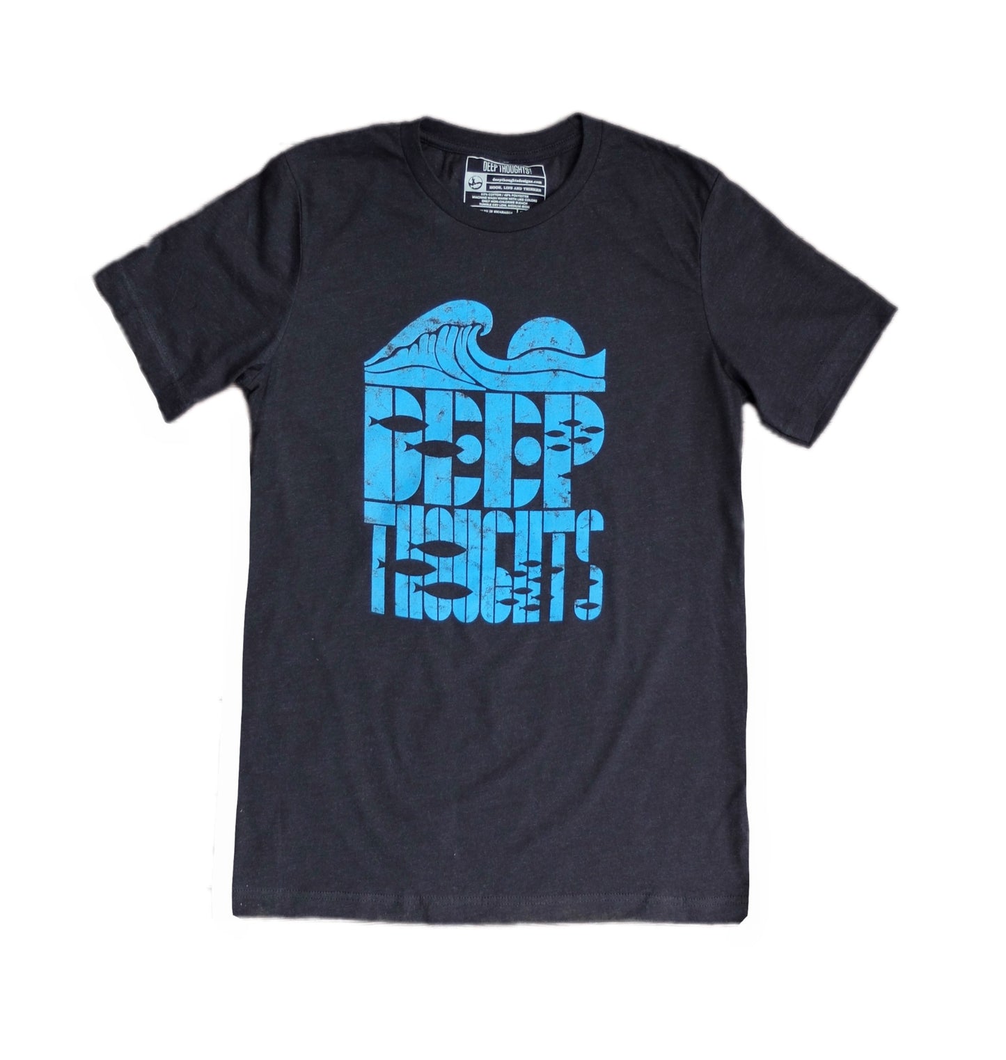 black t-shirt with bright blue cresting wave graphic over 'Deep Thoughts' text with fish silhouettes