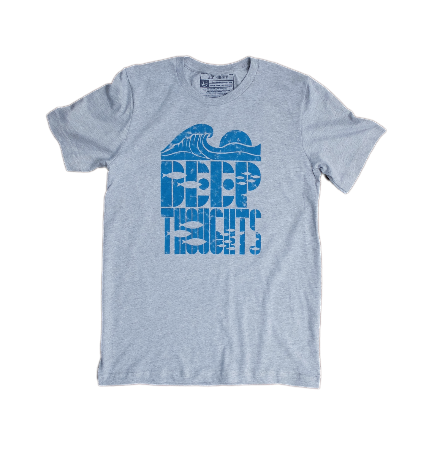 heather grey t-shirt with cresting wave graphic over 'deep thoughts' text with fish silhouettes