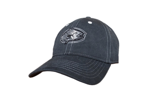 washed charcoal grey unstructured cap with silver and black oval-shaped embroidered striped bass