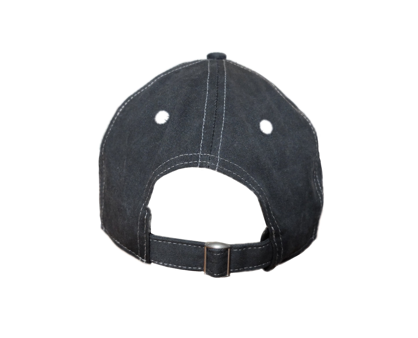 back view of charcoal grey embroidered striped bass fishing cap