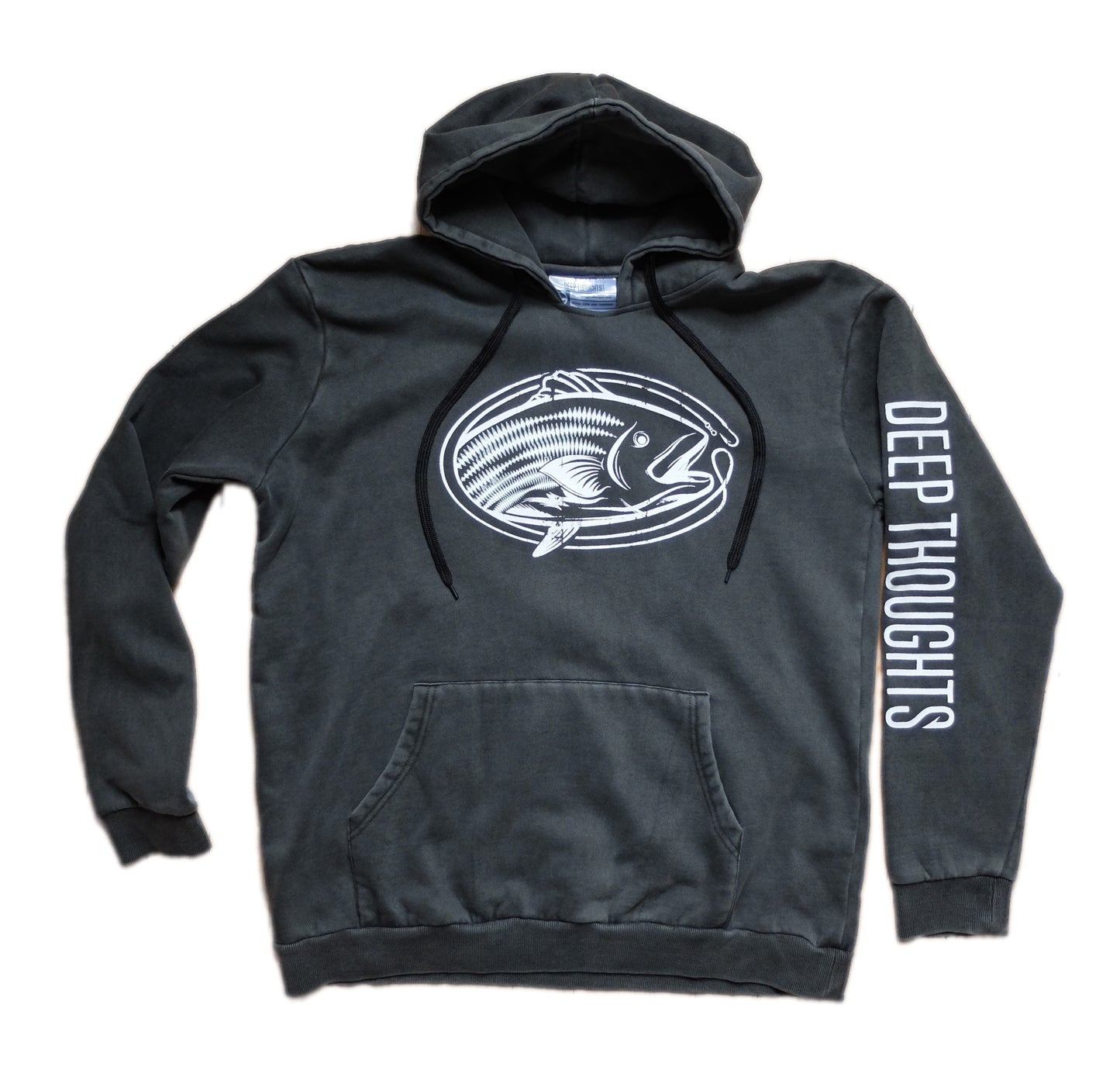 washed black garment dye hoodie with white vintage style oval-shaped striped bass graphic