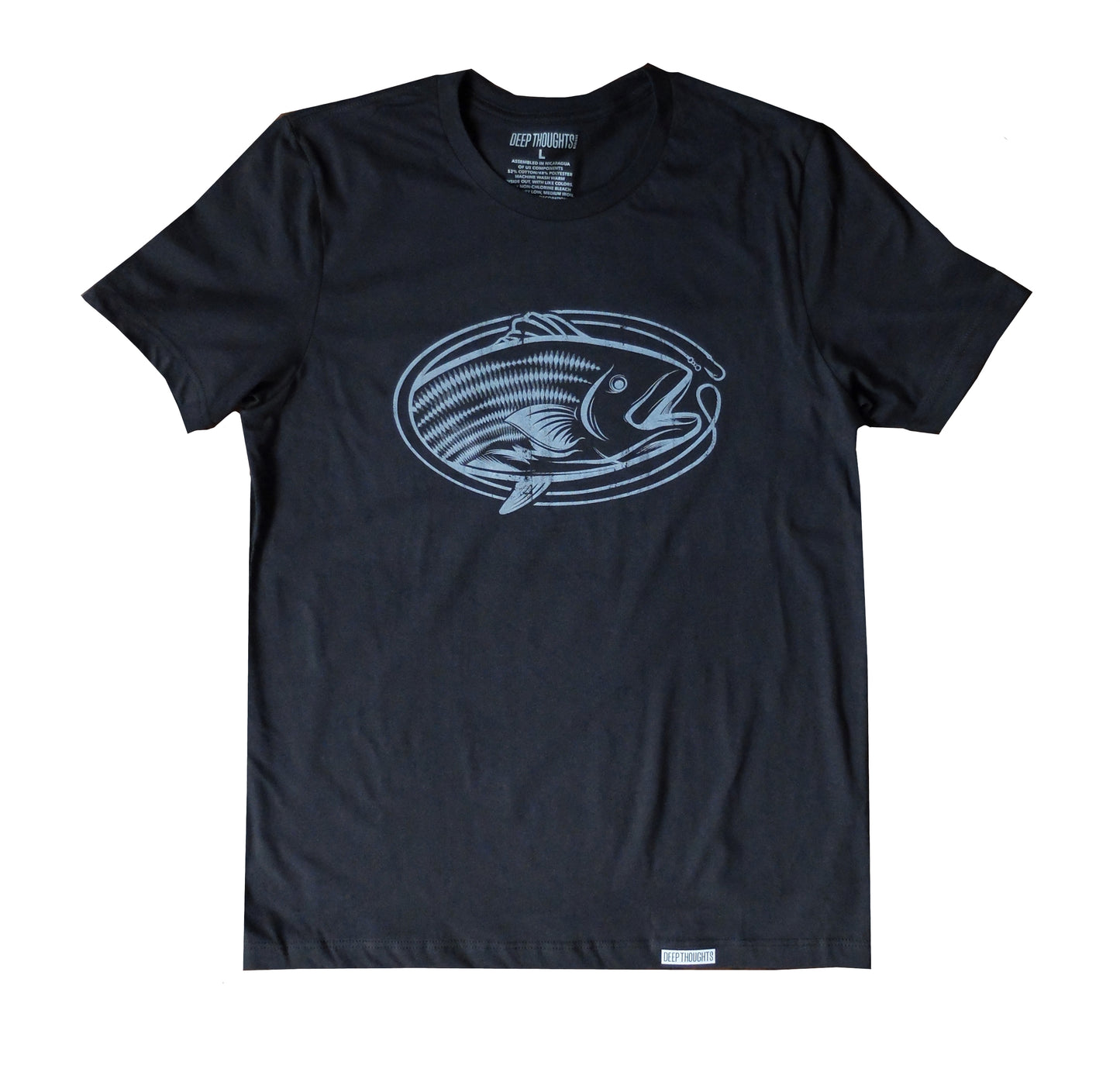 vintage black cotton t-shirt with white oval-shaped striped bass graphic