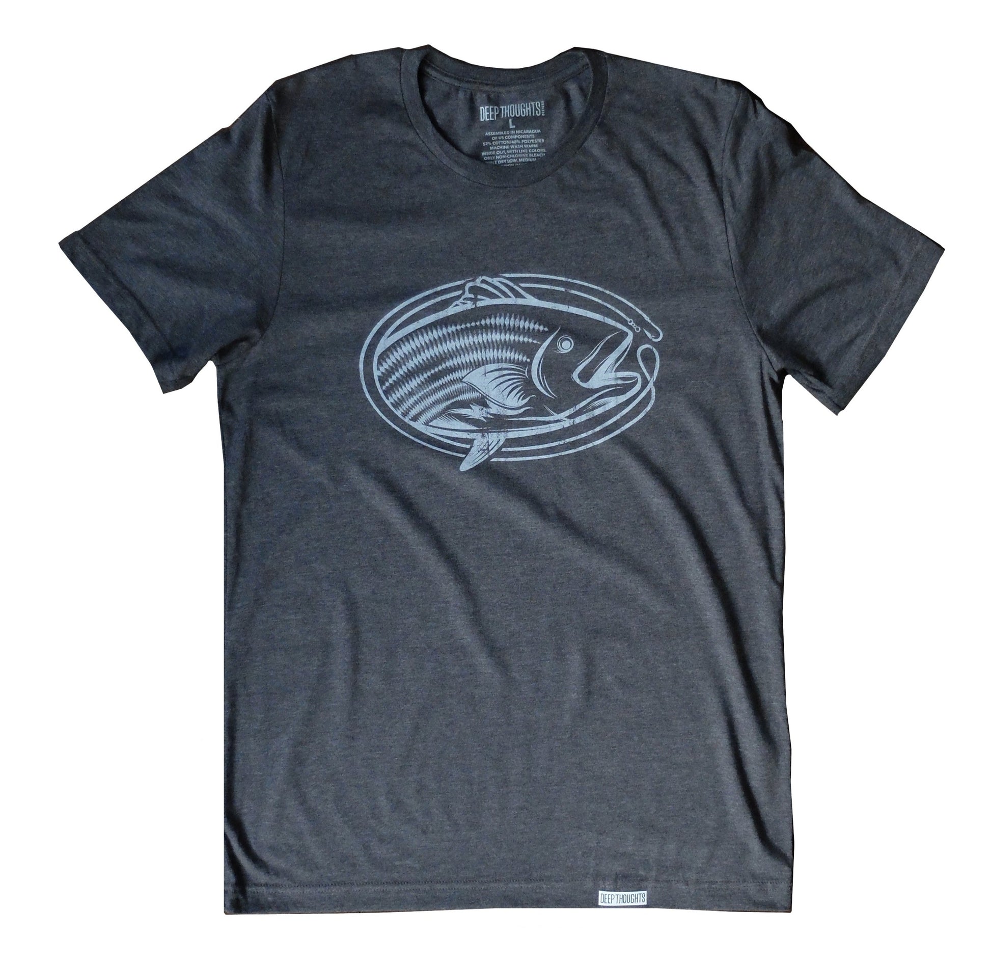 heather charcoal t-shirt with white oval-shaped striped bass fishing graphic