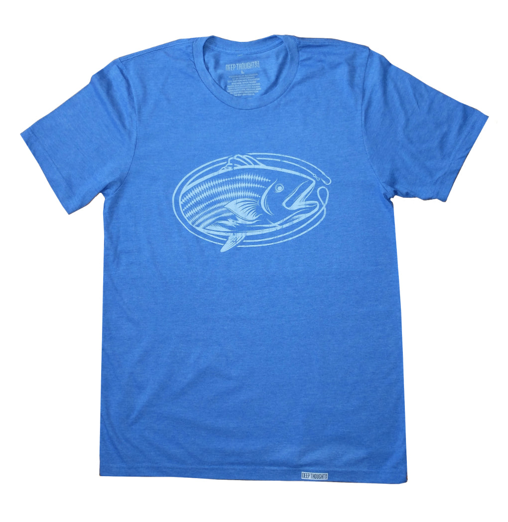 heather blue t-shirt with white oval-shaped striped bass fishing graphic