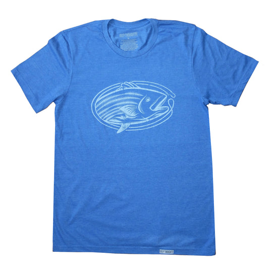 heather blue t-shirt with white oval-shaped striped bass fishing graphic