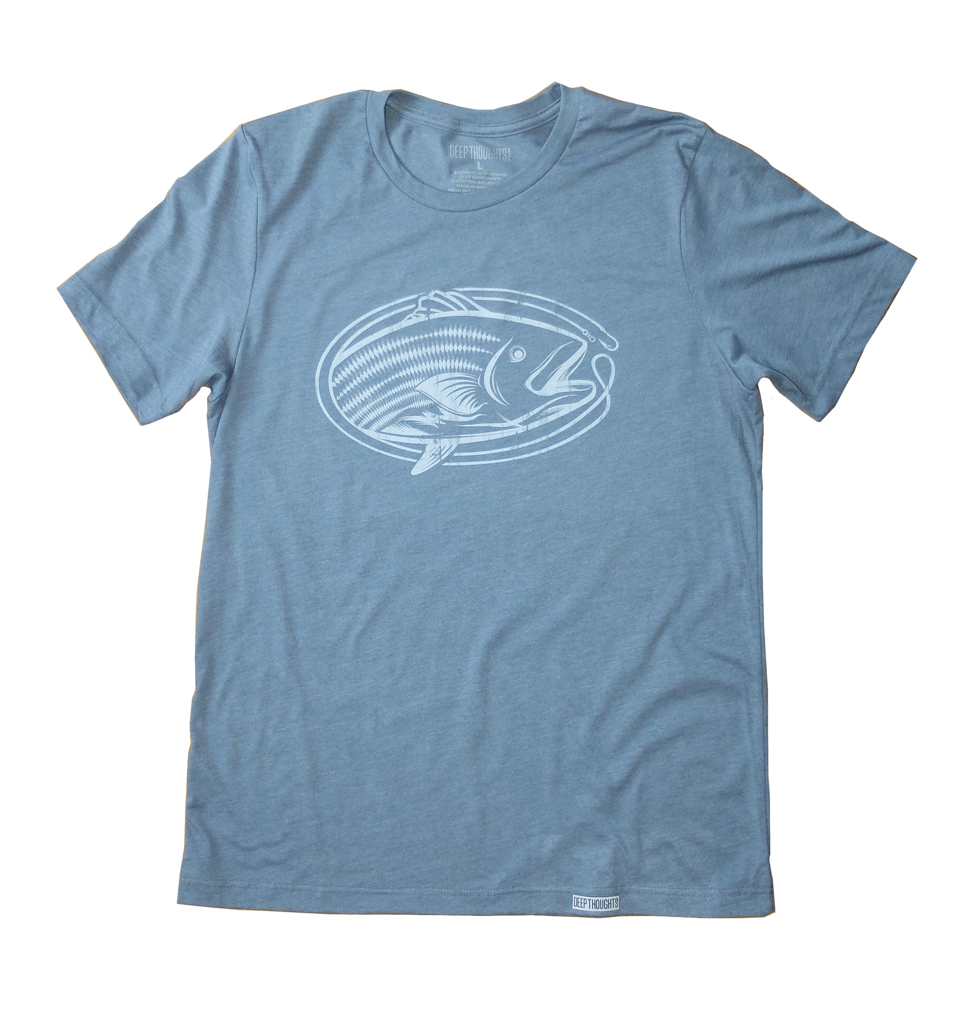 heather slate blue t-shirt with white oval-shaped striped bass fishing graphic