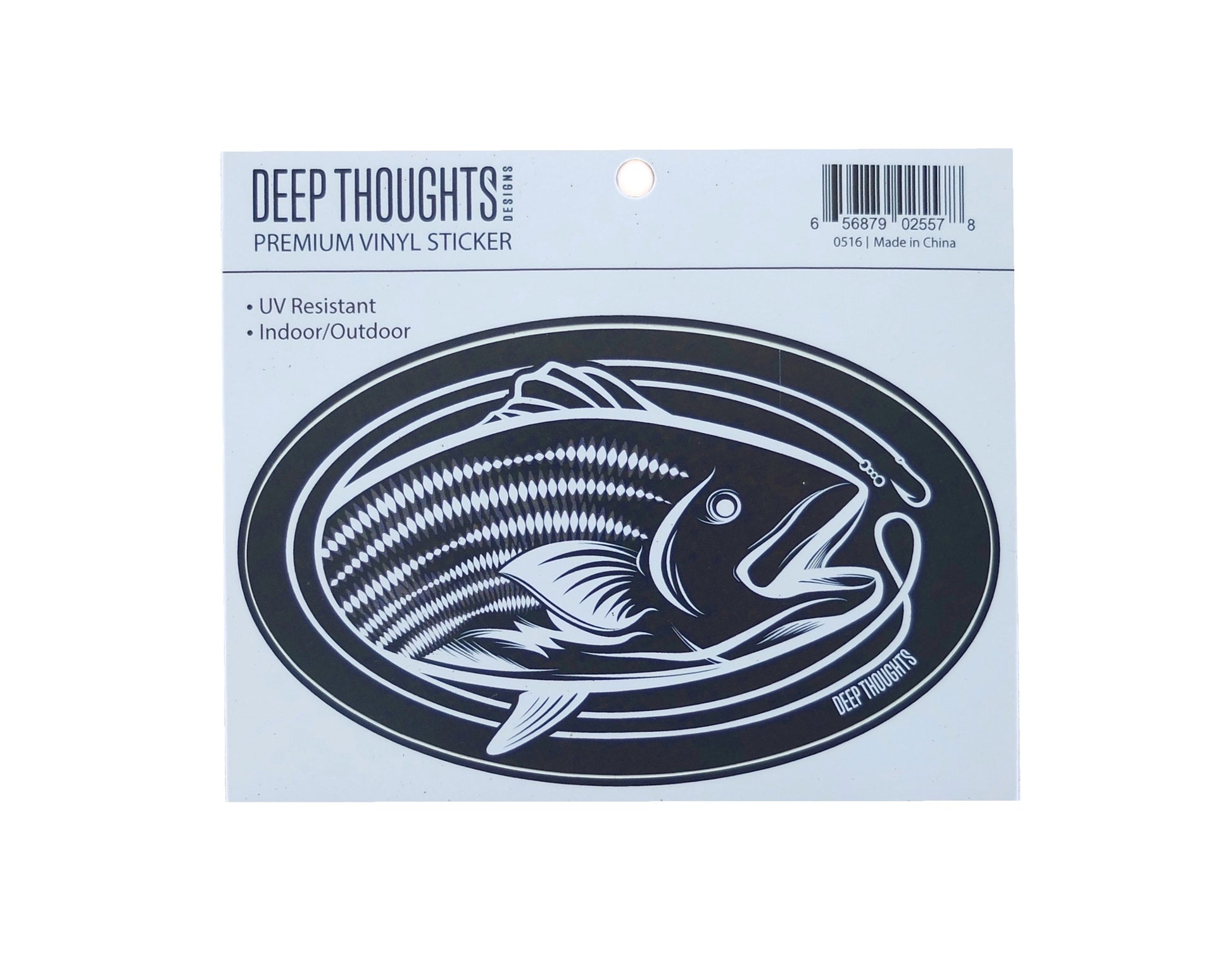 navy blue five inch wide oval sticker with white striped bass fishing print