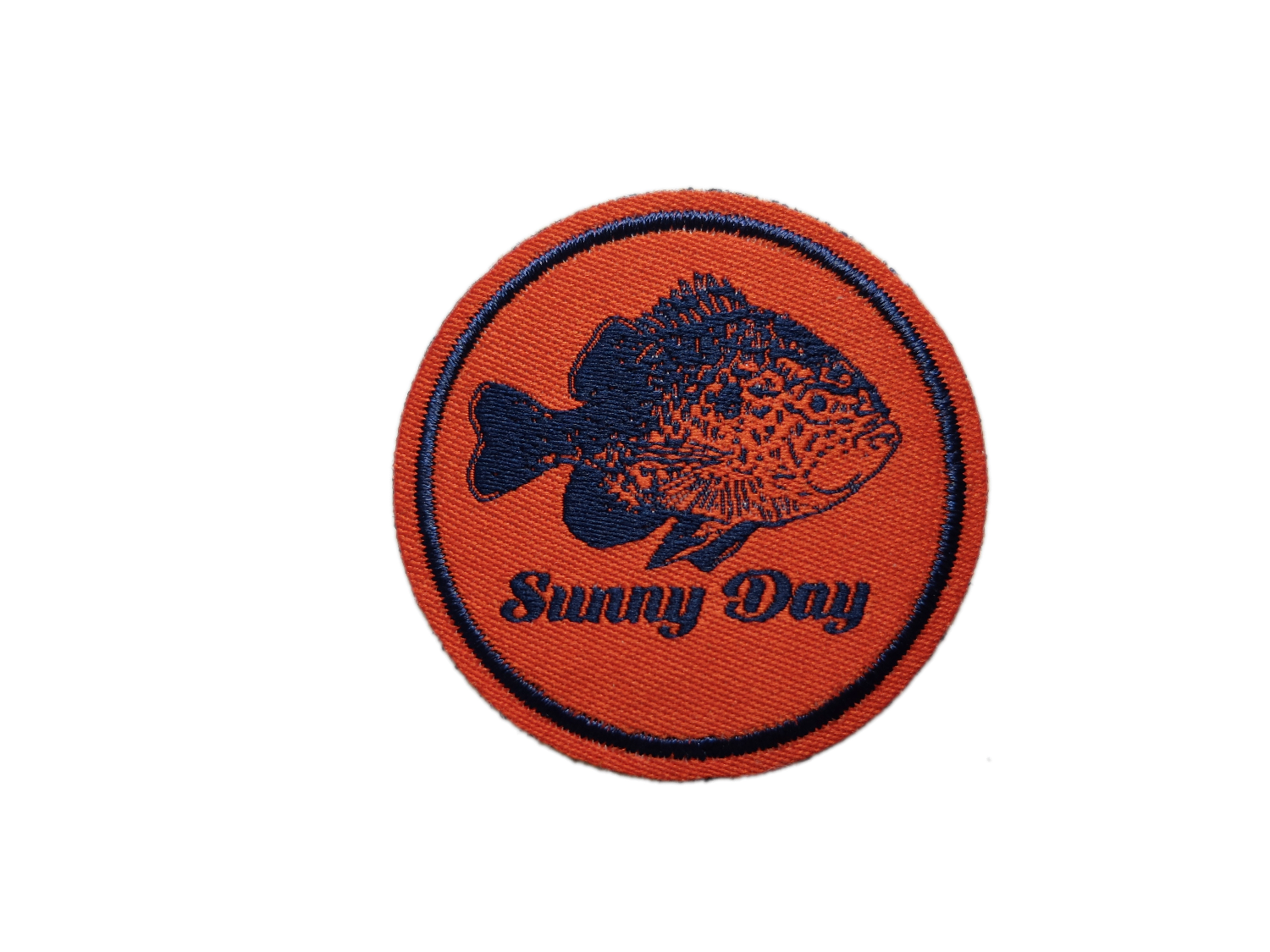 round orange and navy blue bluegill fish iron-on patch with 'sunny day' text