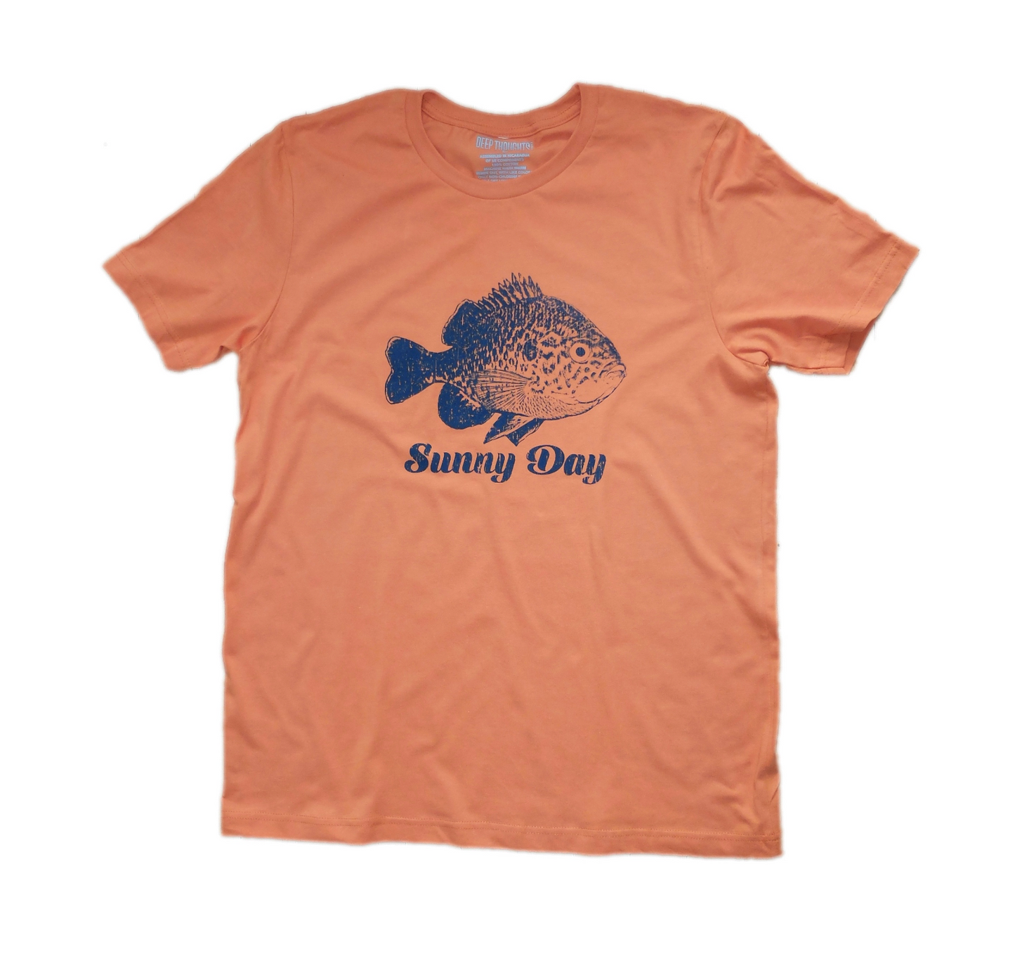 burnt orange cotton t-shirt with navy blue bluegill fish graphic and 'Sunny Day' text