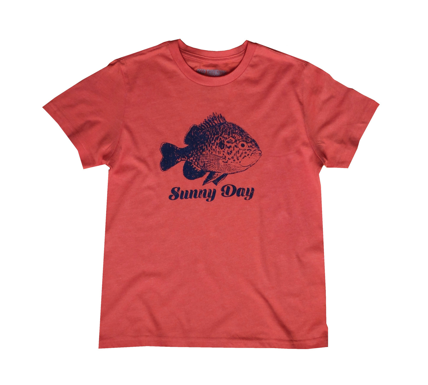 bright heather orange youth t-shirt with navy blue bluegill fish graphic and 'sunny day' text